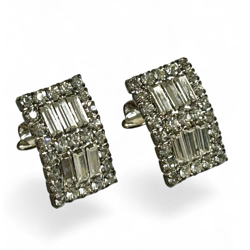 Vintage Sparkly Clear Rhinestones Baguettes and Round Frame Clip On Earrings